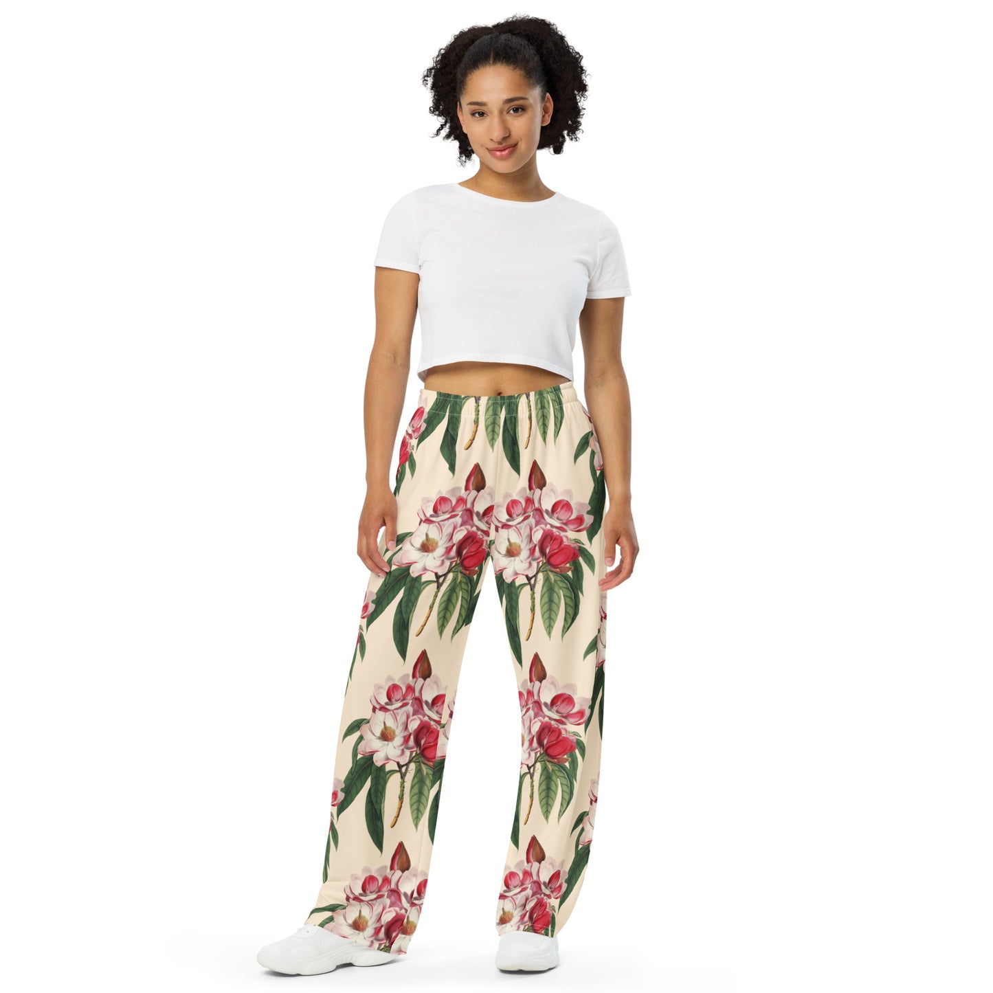 White & Red Blossoms Unisex wide-leg pants