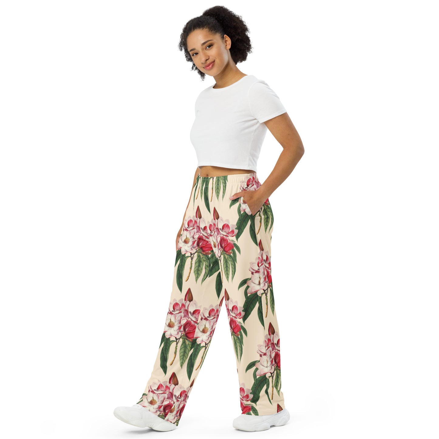 White & Red Blossoms Unisex wide-leg pants